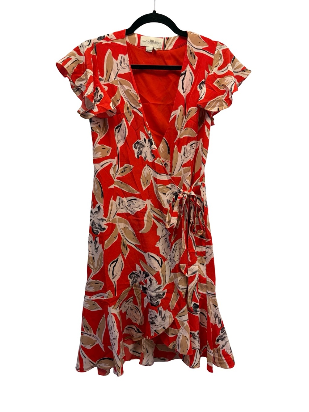 Sachin & Babi Floral Wrap Dress Red Size 0 Flutter Sleeve High Low Midi